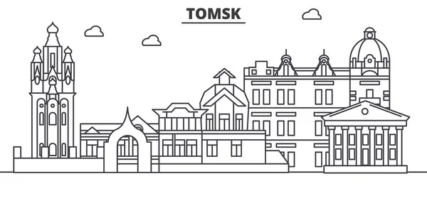 Russia, Tomsk architettura linea skyline illustrazione. Paesaggio urbano vettoriale lineare con monumenti famosi, monumenti della città, icone del design. Tracce modificabili del paesaggio wtih — Vettoriale Stock