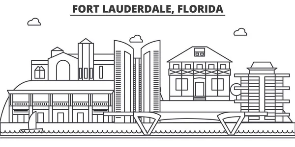 Fort Lauderdale, Florida architektura linie Panorama ilustrace. Lineární vektorové panoráma s slavných památek, pamětihodností města, ikony designu. Krajina s upravitelnou tahy — Stockový vektor