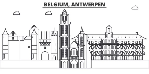 Belgio, Antwerpen architettura linea skyline illustrazione. Paesaggio urbano vettoriale lineare con monumenti famosi, monumenti della città, icone del design. Tracce modificabili del paesaggio wtih — Vettoriale Stock