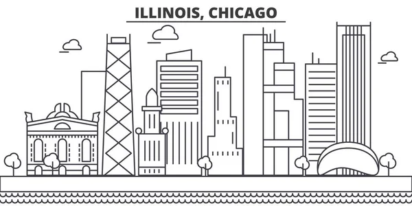 Illinois, Chicago architektura linie Panorama ilustrace. Lineární vektorové panoráma s slavných památek, pamětihodností města, ikony designu. Krajina s upravitelnou tahy — Stockový vektor