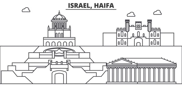 Israel, línea de arquitectura Haifa skyline ilustración. Paisaje urbano vector lineal con monumentos famosos, lugares de interés de la ciudad, iconos de diseño. Paisaje con trazos editables — Vector de stock