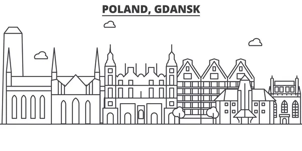 폴란드, 그단스크 건축 선 스카이 라인 일러스트입니다. 유명한 랜드마크, 시티 명소와 선형 벡터 풍경 디자인 아이콘. 편집 가능한 선 프리 — 스톡 벡터