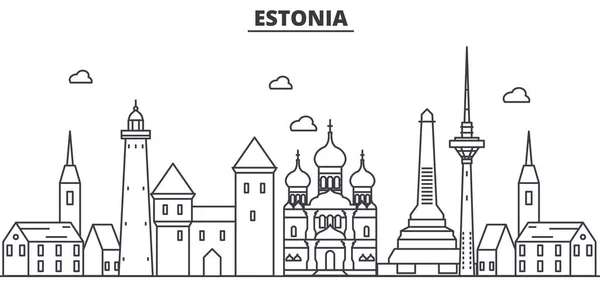 Эстония, Talinn architecture line skyline illustration. Линейный вектор города с известными достопримечательностями, городскими достопримечательностями, дизайнерскими решениями. Ландшафт с редактируемыми штрихами — стоковый вектор