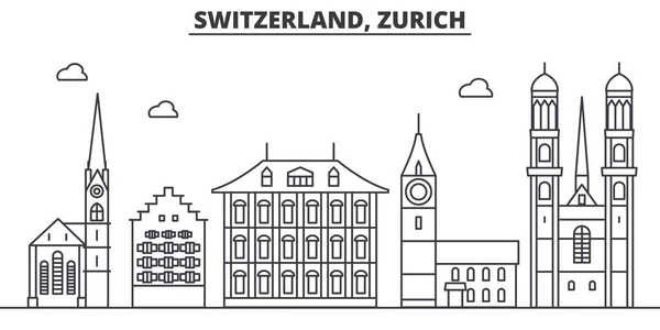 Suiza, línea de arquitectura de Zurich skyline illustration. Paisaje urbano vector lineal con monumentos famosos, lugares de interés de la ciudad, iconos de diseño. Paisaje con trazos editables — Vector de stock