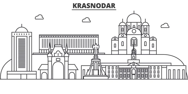 러시아, Kransodar 건축 선 스카이 라인 일러스트입니다. 유명한 랜드마크, 시티 명소와 선형 벡터 풍경 디자인 아이콘. 편집 가능한 선 프리 — 스톡 벡터