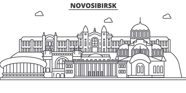 Ρωσία, Νοβοσιμπίρσκ αρχιτεκτονική γραμμή ορίζοντα εικονογράφηση. Γραμμικά διανυσματικά Σίτισκεϊπ με διάσημα αξιοθέατα, αξιοθέατα της πόλης, σχεδιάσουν τα εικονίδια. Τοπίο με επεξεργάσιμο εγκεφαλικά επεισόδια — Διανυσματικό Αρχείο