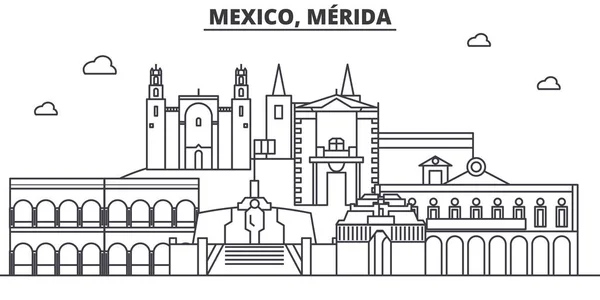 Mexico, Merida het platform lijn skyline illustratie. Lineaire vector stadsgezicht met beroemde bezienswaardigheden, de bezienswaardigheden van de stad, iconen ontwerp. Bewerkbare lijnen — Stockvector