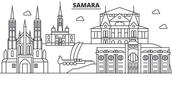 Rusko, Samara architektura linie Panorama ilustrace. Lineární vektorové panoráma s slavných památek, pamětihodností města, ikony designu. Krajina s upravitelnou tahy — Stockový vektor