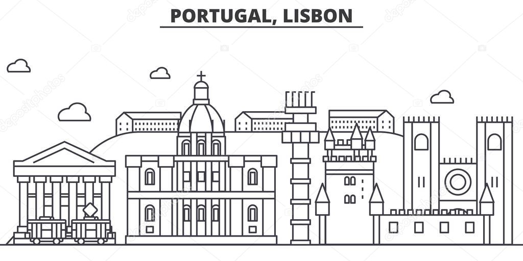 Portugal, Lisbon architecture line skyline illustration. Linear vector cityscape with famous landmarks, city sights, design icons. Landscape wtih editable strokes