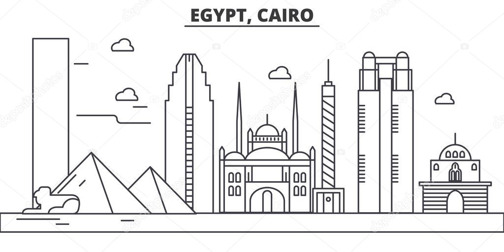 Egypt, Cairo architecture line skyline illustration. Linear vector cityscape with famous landmarks, city sights, design icons. Landscape wtih editable strokes
