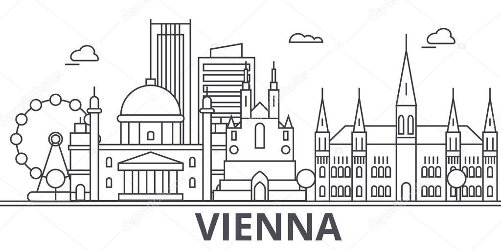 Vienna architecture line skyline illustration. Linear vector cityscape with famous landmarks, city sights, design icons. Landscape wtih editable strokes