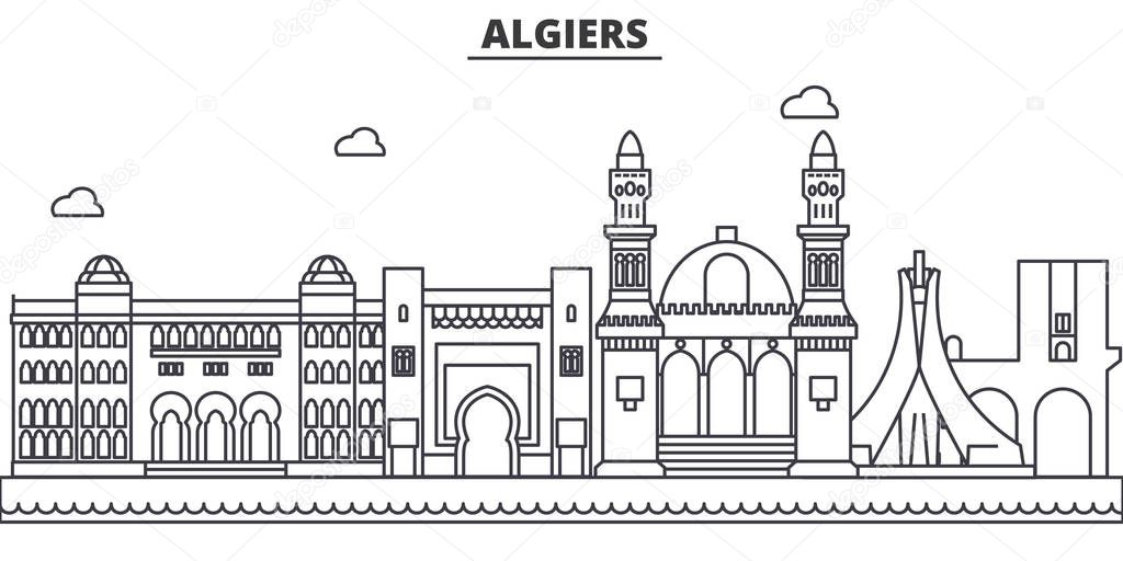 Algiers architecture line skyline illustration. Linear vector cityscape with famous landmarks, city sights, design icons. Landscape wtih editable strokes