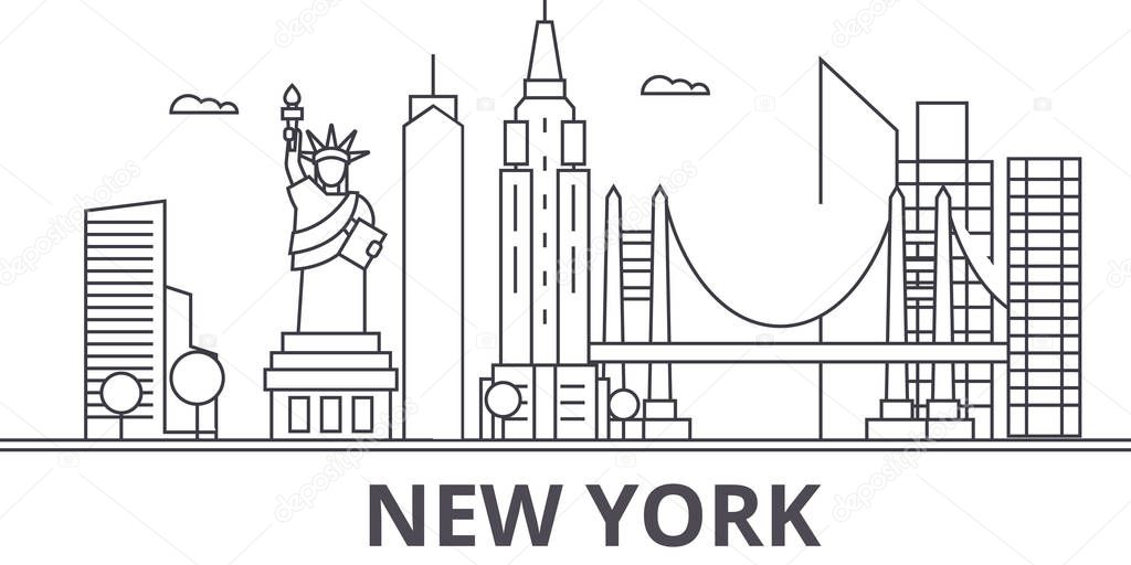 New York architecture line skyline illustration. Linear vector cityscape with famous landmarks, city sights, design icons. Landscape wtih editable strokes