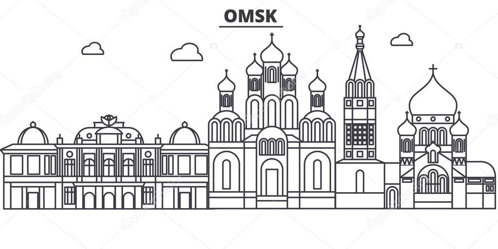 Russia, Omsk architecture line skyline illustration. Linear vector cityscape with famous landmarks, city sights, design icons. Landscape wtih editable strokes