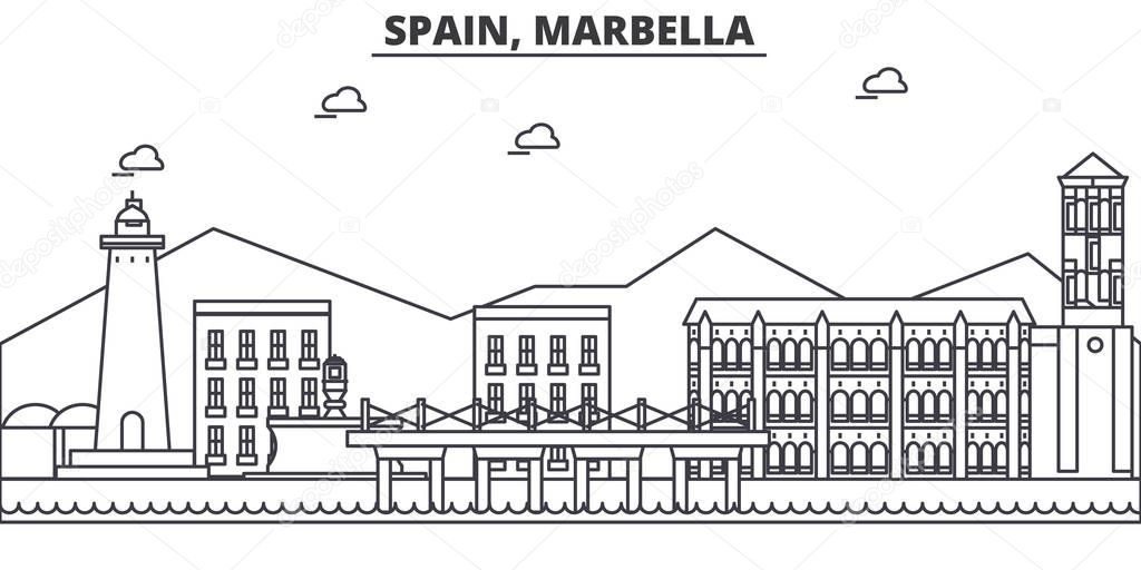 Spain, Marbella architecture line skyline illustration. Linear vector cityscape with famous landmarks, city sights, design icons. Landscape wtih editable strokes
