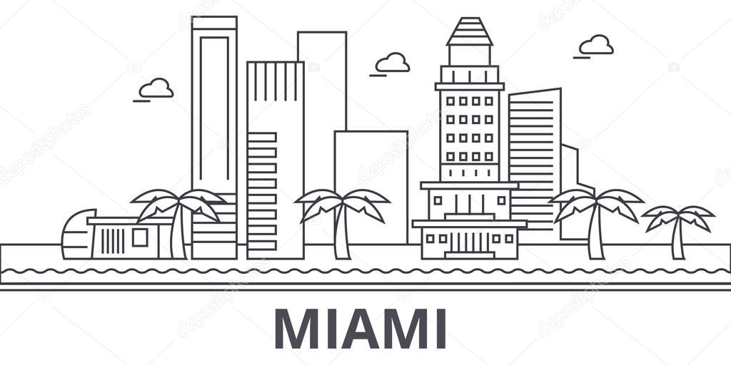 Miami architecture line skyline illustration. Linear vector cityscape with famous landmarks, city sights, design icons. Landscape wtih editable strokes