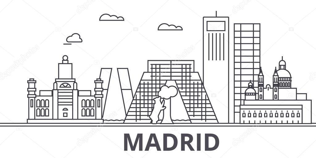 Madrid architecture line skyline illustration. Linear vector cityscape with famous landmarks, city sights, design icons. Landscape wtih editable strokes