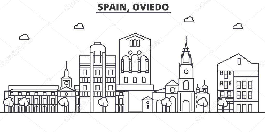 Spain, Oviedo architecture line skyline illustration. Linear vector cityscape with famous landmarks, city sights, design icons. Landscape wtih editable strokes