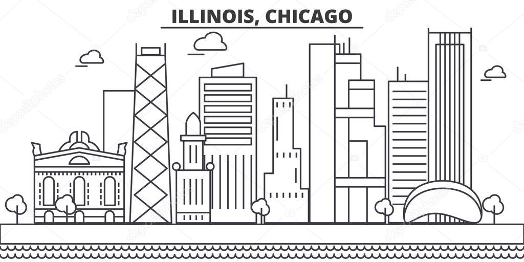 Illinois, Chicago architecture line skyline illustration. Linear vector cityscape with famous landmarks, city sights, design icons. Landscape wtih editable strokes