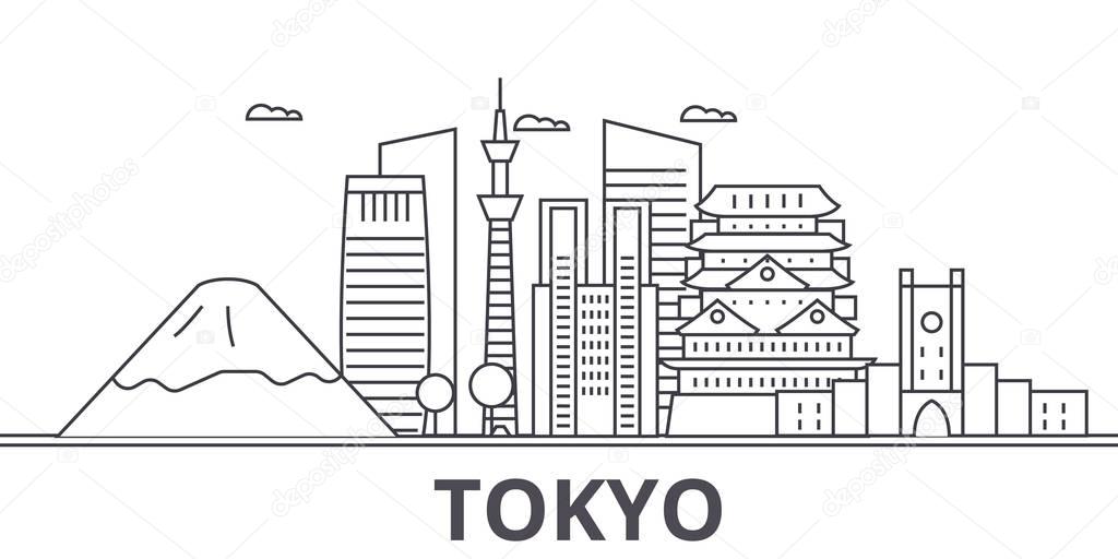 Tokyo Japan architecture line skyline illustration. Linear vector cityscape with famous landmarks, city sights, design icons. Landscape wtih editable strokes