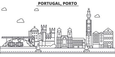 Portekiz, Porto mimari satır manzarası illüstrasyon. Doğrusal vektör cityscape ünlü simge, şehir manzaraları, tasarım simgeler. Düzenlenebilir darbeleri ile manzara