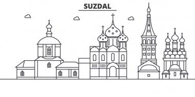 Rusya, Suzdal mimari satır manzarası illüstrasyon. Doğrusal vektör cityscape ünlü simge, şehir manzaraları, tasarım simgeler. Düzenlenebilir darbeleri ile manzara