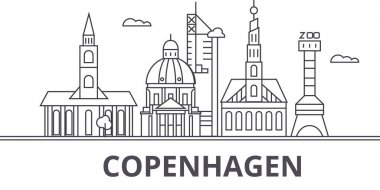 Copenhagen mimari satır manzarası illüstrasyon. Doğrusal vektör cityscape ünlü simge, şehir manzaraları, tasarım simgeler. Düzenlenebilir darbeleri ile manzara