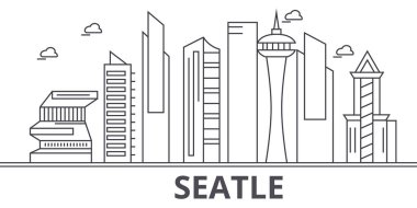 Seattle mimari satır manzarası illüstrasyon. Doğrusal vektör cityscape ünlü simge, şehir manzaraları, tasarım simgeler. Düzenlenebilir darbeleri ile manzara