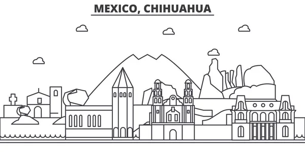 メキシコ、チワワ建築線スカイラインの図。有名なランドマーク、観光、デザイン アイコンと線形ベクトル街並み。編集可能なストロークのある風景します。 — ストックベクタ