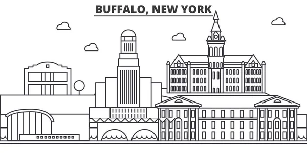 Buffalo, New York skyline linie architektury ilustrace. Lineární vektorové panoráma s slavných památek, pamětihodností města, ikony designu. Krajina s upravitelnou tahy — Stockový vektor