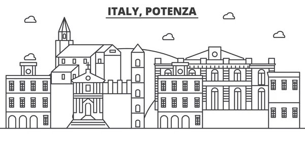 Italie, ligne d'architecture de Potenza illustration d'horizon. Paysage urbain vectoriel linéaire avec des monuments célèbres, des sites de la ville, des icônes de design. Paysage wtih coups modifiables — Image vectorielle