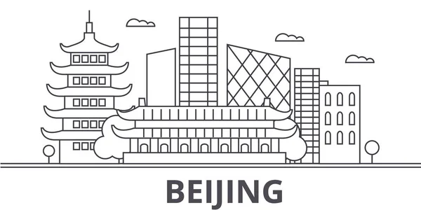 Peking architektura linie Panorama ilustrace. Lineární vektorové panoráma s slavných památek, pamětihodností města, ikony designu. Krajina s upravitelnou tahy — Stockový vektor