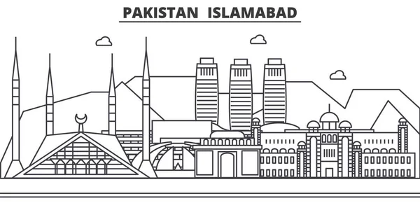 Pakistán, Islamabad arquitectura línea skyline ilustración. Paisaje urbano vector lineal con monumentos famosos, lugares de interés de la ciudad, iconos de diseño. Paisaje con trazos editables — Vector de stock