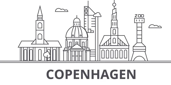 Linea di architettura di Copenaghen skyline illustrazione. Paesaggio urbano vettoriale lineare con monumenti famosi, monumenti della città, icone del design. Tracce modificabili del paesaggio wtih — Vettoriale Stock