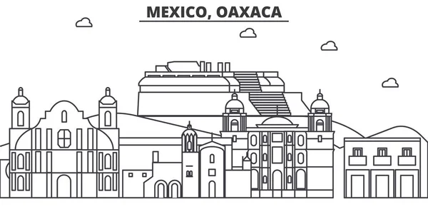 México, línea de arquitectura de Oaxaca skyline illustration. Paisaje urbano vector lineal con monumentos famosos, lugares de interés de la ciudad, iconos de diseño. Paisaje con trazos editables — Vector de stock