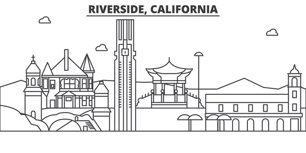 加利福尼亚州滨江建筑线天际线图。线性向量的景观，如著名的地标，市内的旅游景点，设计图标。景观与可编辑笔触 — 图库矢量图片