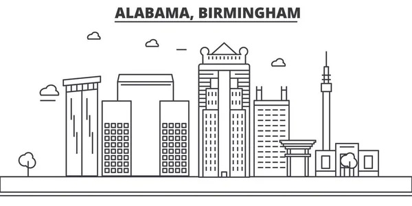 Alabama, Birmingham arquitectura línea skyline ilustración. Paisaje urbano vector lineal con monumentos famosos, lugares de interés de la ciudad, iconos de diseño. Paisaje con trazos editables — Vector de stock