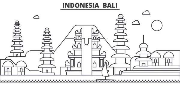 Индонезия, балийская архитектурная линия, иллюстрация горизонта. Линейный вектор города с известными достопримечательностями, городскими достопримечательностями, дизайнерскими решениями. Ландшафт с редактируемыми штрихами — стоковый вектор