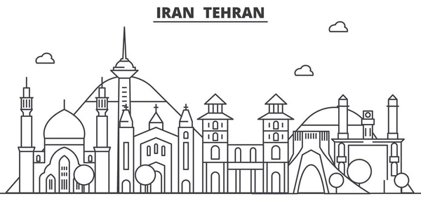 Iran, ligne d'architecture de Téhéran illustration d'horizon. Paysage urbain vectoriel linéaire avec des monuments célèbres, des sites de la ville, des icônes de design. Paysage wtih coups modifiables — Image vectorielle