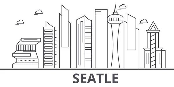 Seattle architektura linie Panorama ilustrace. Lineární vektorové panoráma s slavných památek, pamětihodností města, ikony designu. Krajina s upravitelnou tahy — Stockový vektor