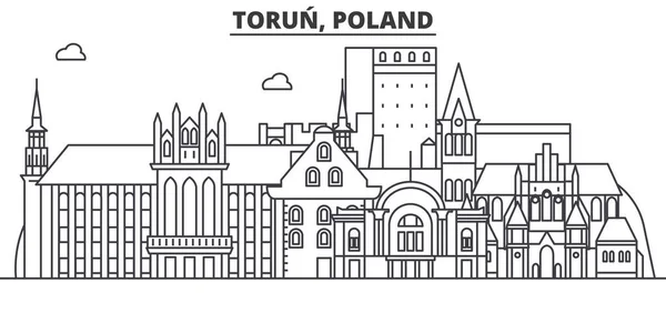 Polónia, linha de arquitectura Torun skyline ilustração. Cityscape vector linear com marcos famosos, pontos turísticos da cidade, ícones de design. Paisagem wtih traços editáveis —  Vetores de Stock