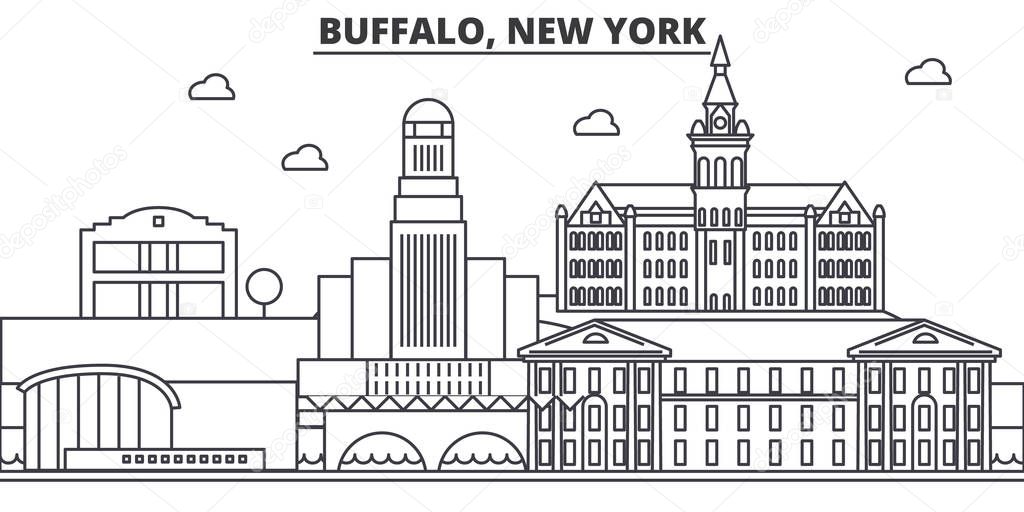 Buffalo, New York architecture line skyline illustration. Linear vector cityscape with famous landmarks, city sights, design icons. Landscape wtih editable strokes