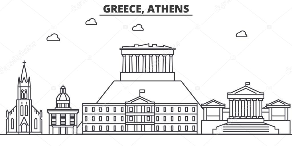 Greece, Athens architecture line skyline illustration. Linear vector cityscape with famous landmarks, city sights, design icons. Landscape wtih editable strokes