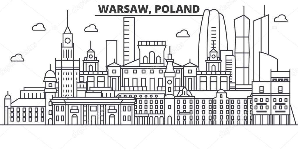 Poland, Warsaw architecture line skyline illustration. Linear vector cityscape with famous landmarks, city sights, design icons. Landscape wtih editable strokes