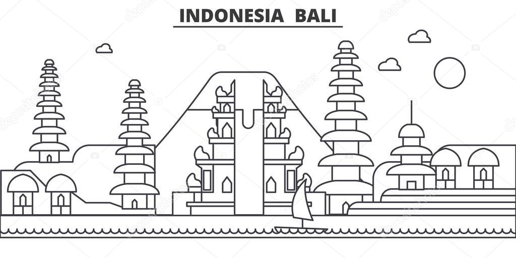 Indonesia, Bali architecture line skyline illustration. Linear vector cityscape with famous landmarks, city sights, design icons. Landscape wtih editable strokes