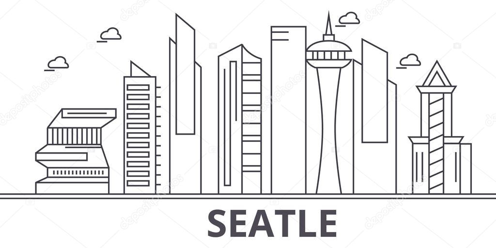 Seattle architecture line skyline illustration. Linear vector cityscape with famous landmarks, city sights, design icons. Landscape wtih editable strokes