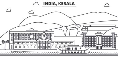 Hindistan, Kerala mimari satır manzarası illüstrasyon. Doğrusal vektör cityscape ünlü simge, şehir manzaraları, tasarım simgeler. Düzenlenebilir darbeleri ile manzara