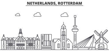 Hollanda, Rotterdam Mimarlık satır manzarası illüstrasyon. Doğrusal vektör cityscape ünlü simge, şehir manzaraları, tasarım simgeler. Düzenlenebilir darbeleri ile manzara