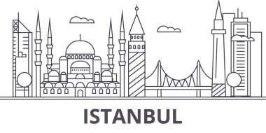 Istanbul mimarisi satır manzarası illüstrasyon. Doğrusal vektör cityscape ünlü simge, şehir manzaraları, tasarım simgeler. Düzenlenebilir darbeleri ile manzara
