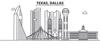 Texas Dallas mimari satır manzarası illüstrasyon. Doğrusal vektör cityscape ünlü simge, şehir manzaraları, tasarım simgeler. Düzenlenebilir darbeleri ile manzara